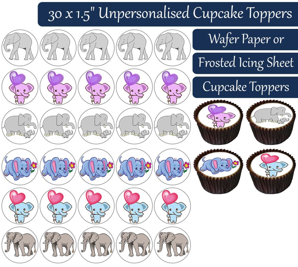 Cartoon Elephants - 30 Cupcake Toppers