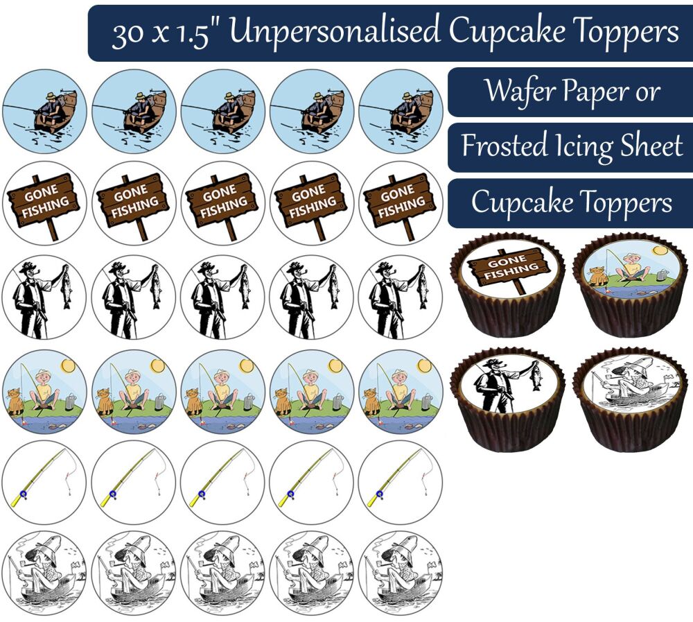 Cartoon Fishing - 30 Cupcake Toppers