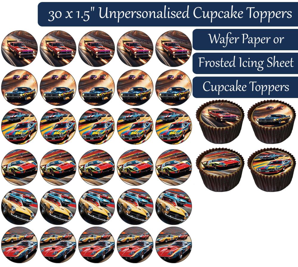 Cartoon Racecars - 30 Cupcake Toppers
