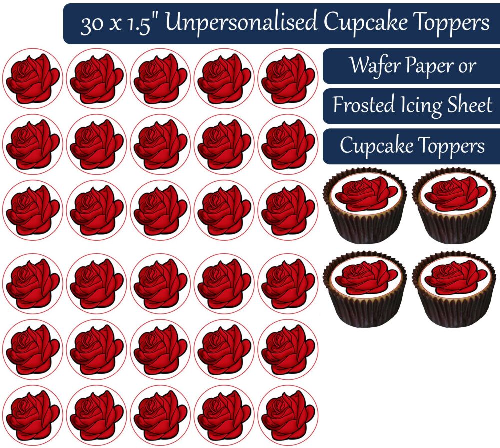 Cartoon Red Rose Flowers - 30 Cupcake Toppers