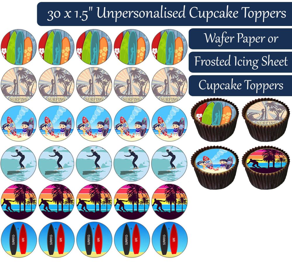 Cartoon Surfing - 30 Cupcake Toppers