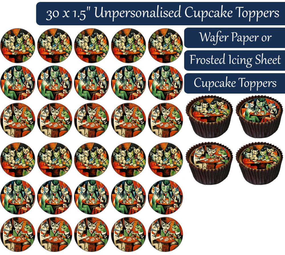 Cats Playing Cards - 30 Cupcake Toppers
