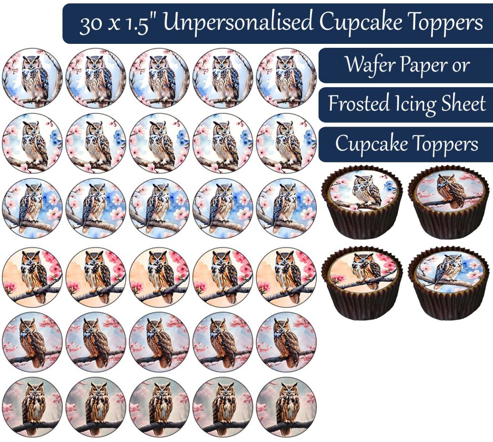 Cherry Blossom Owl - 30 Cupcake Toppers
