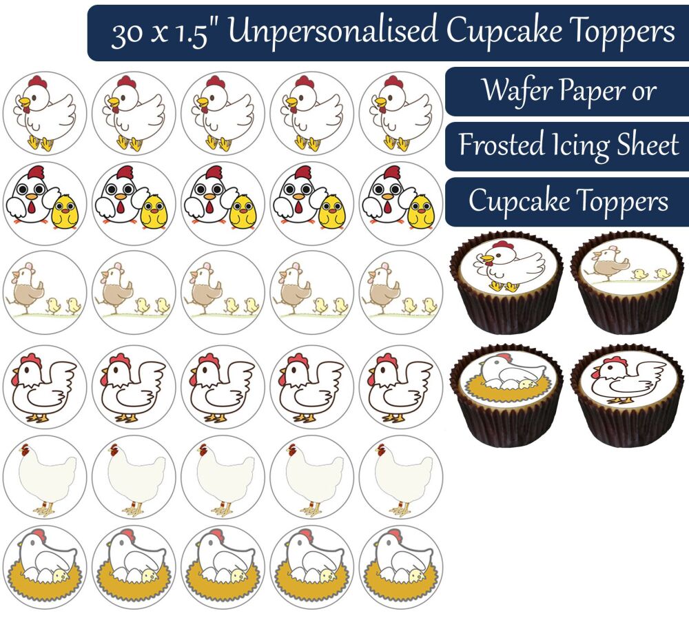 Chickens Cartoon - 30 Cupcake Toppers