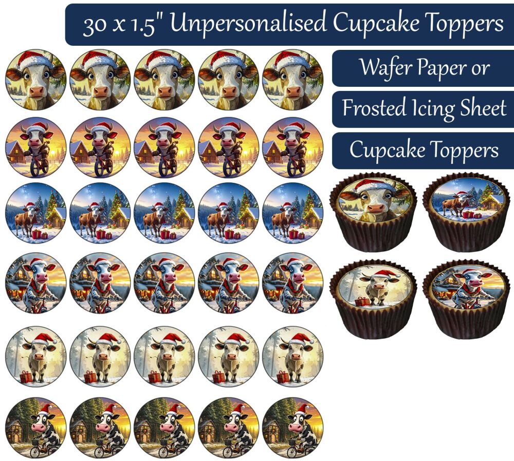 Christmas Cows - 30 Cupcake Toppers