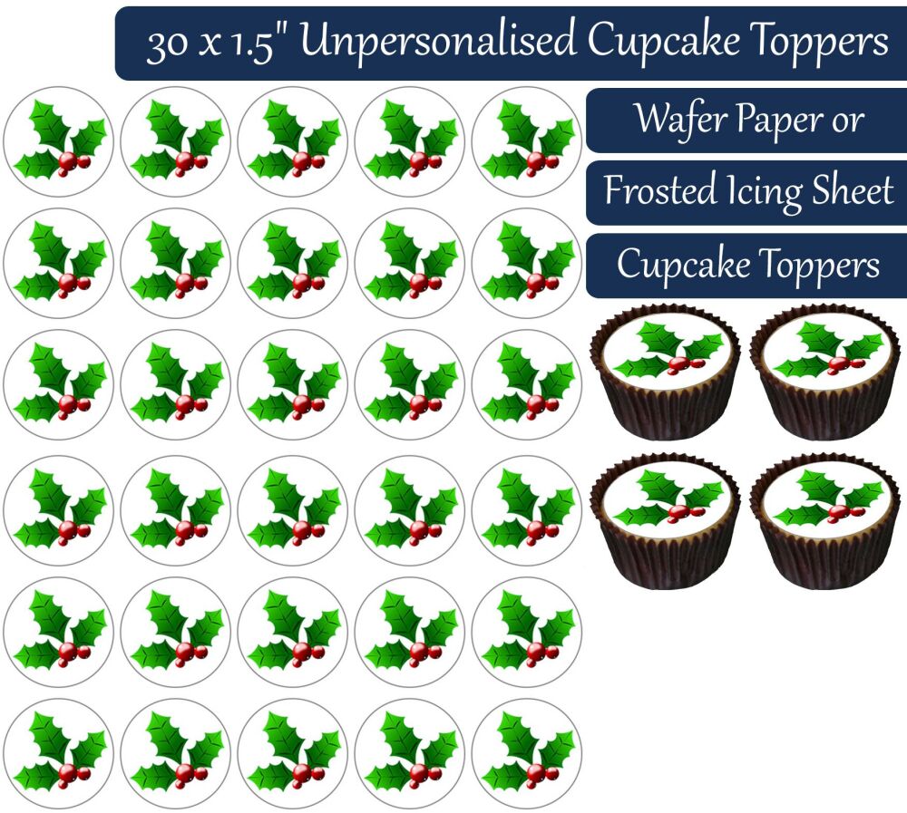 Christmas Holly - 30 Cupcake Toppers