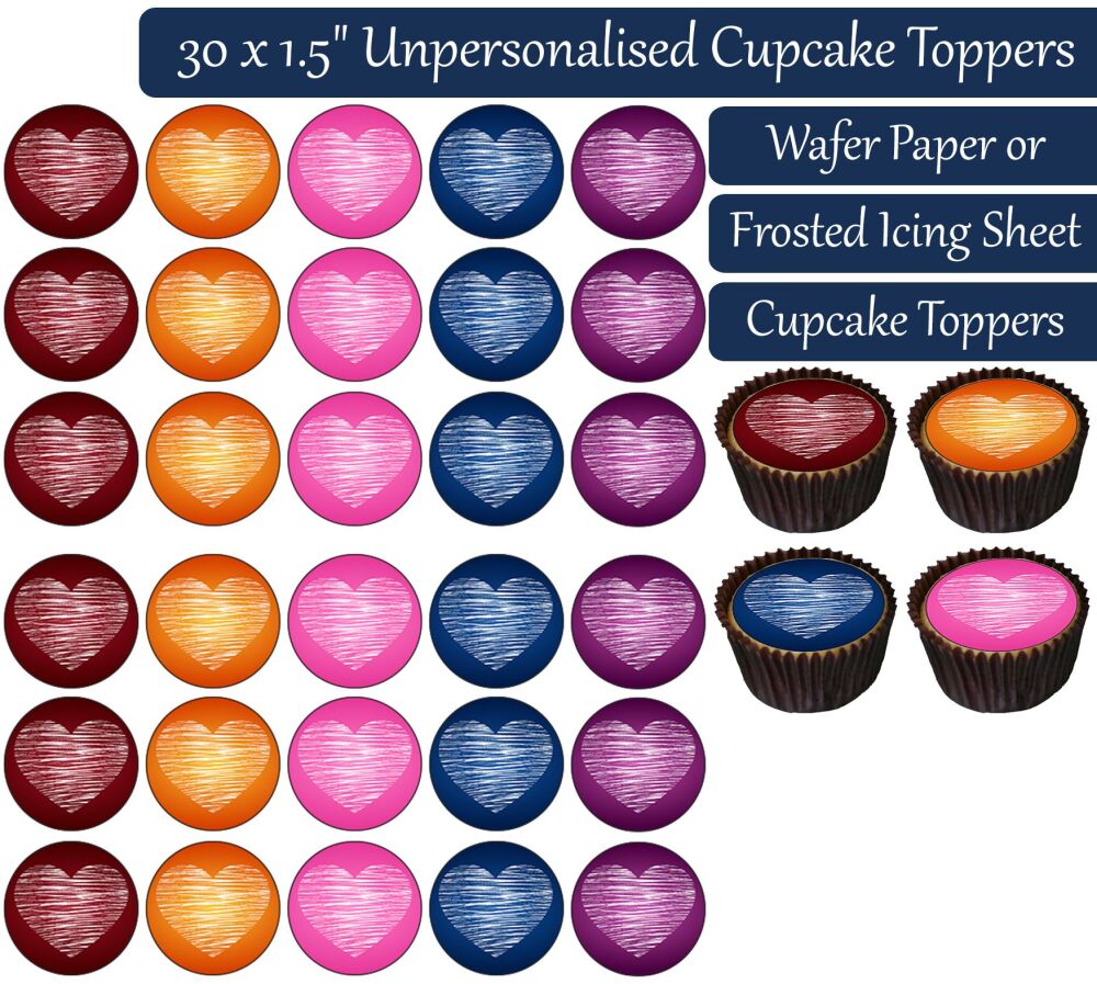 Coloured Hearts - 30 Cupcake Toppers