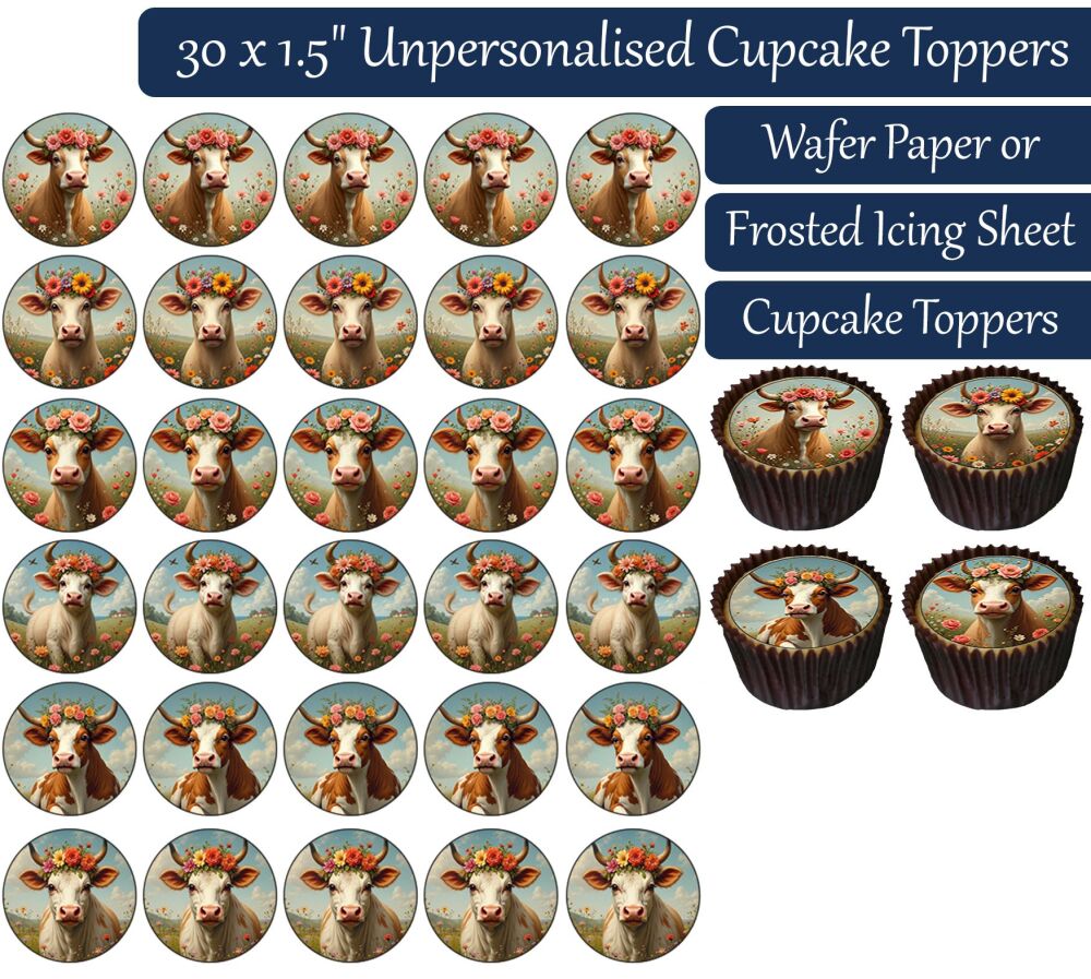 Cow Flower Wreath - 30 Cupcake Toppers