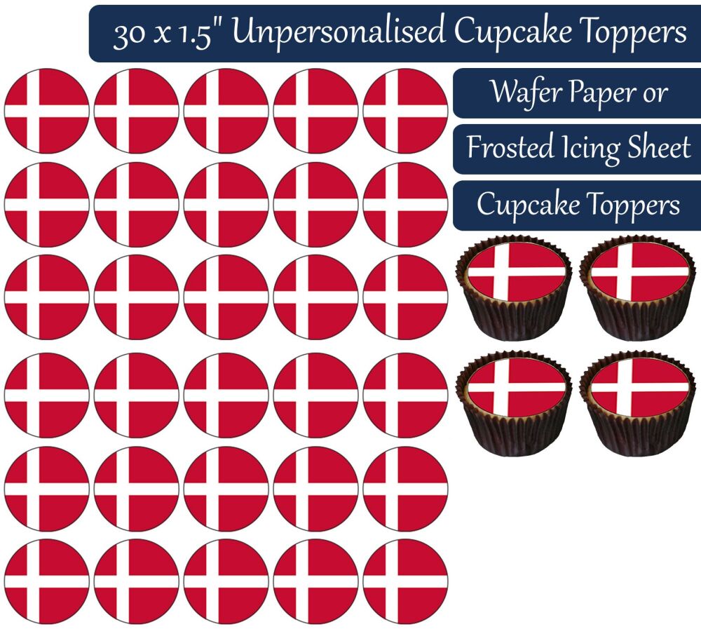 Denmark Flag - 30 Cupcake Toppers