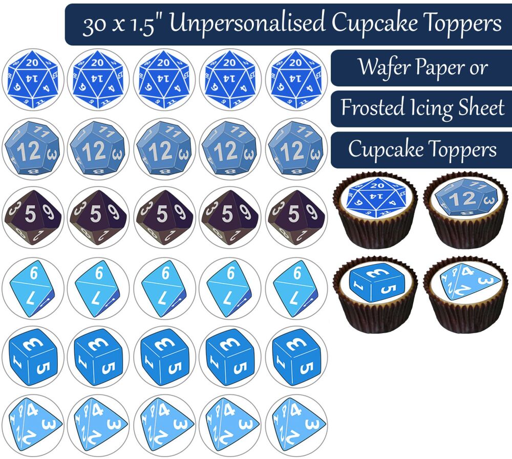 Dice DND Blue RPG TTRPG - 30 Cupcake Toppers