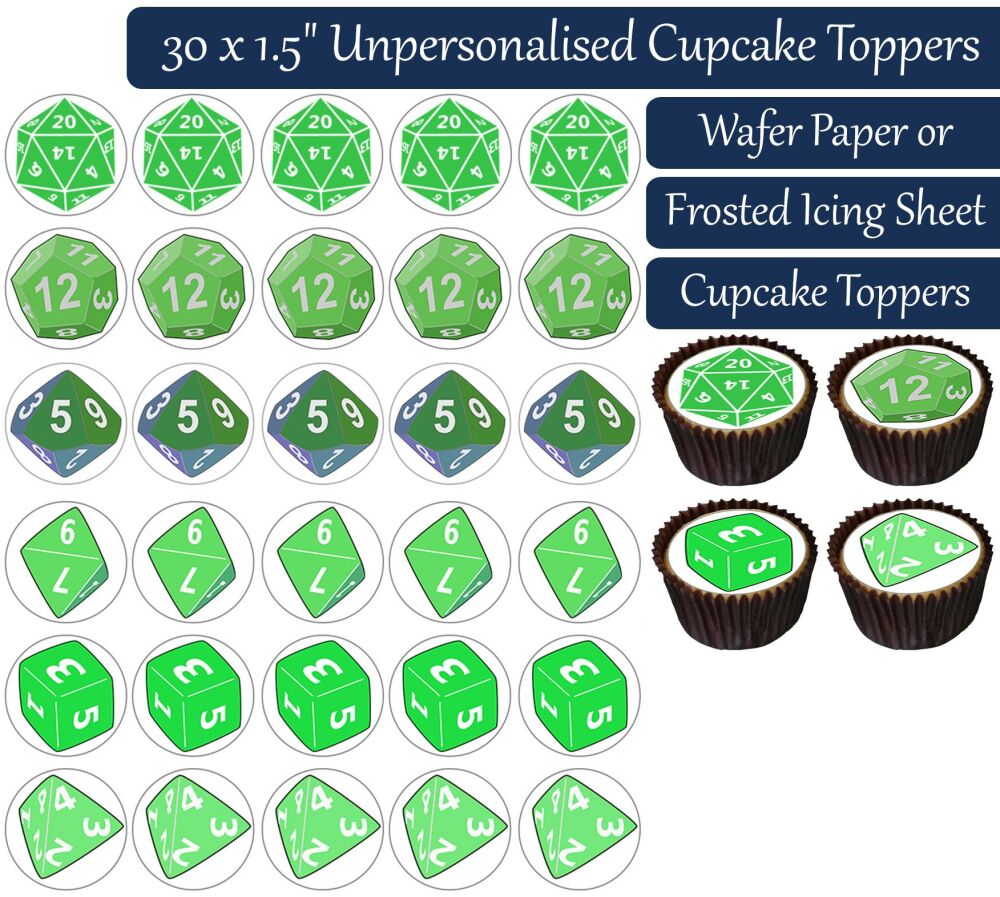 Dice DND Green RPG TTRPG - 30 Cupcake Toppers