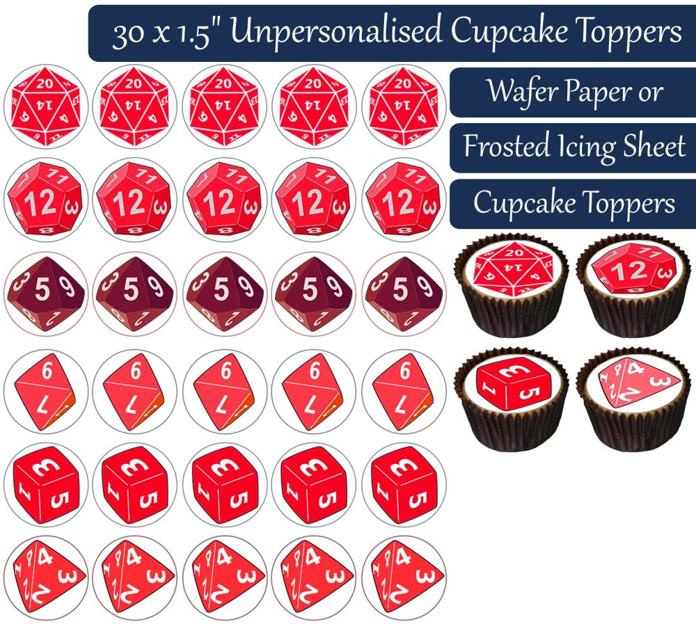 Dice DND Red RPG TTRPG - 30 Cupcake Toppers