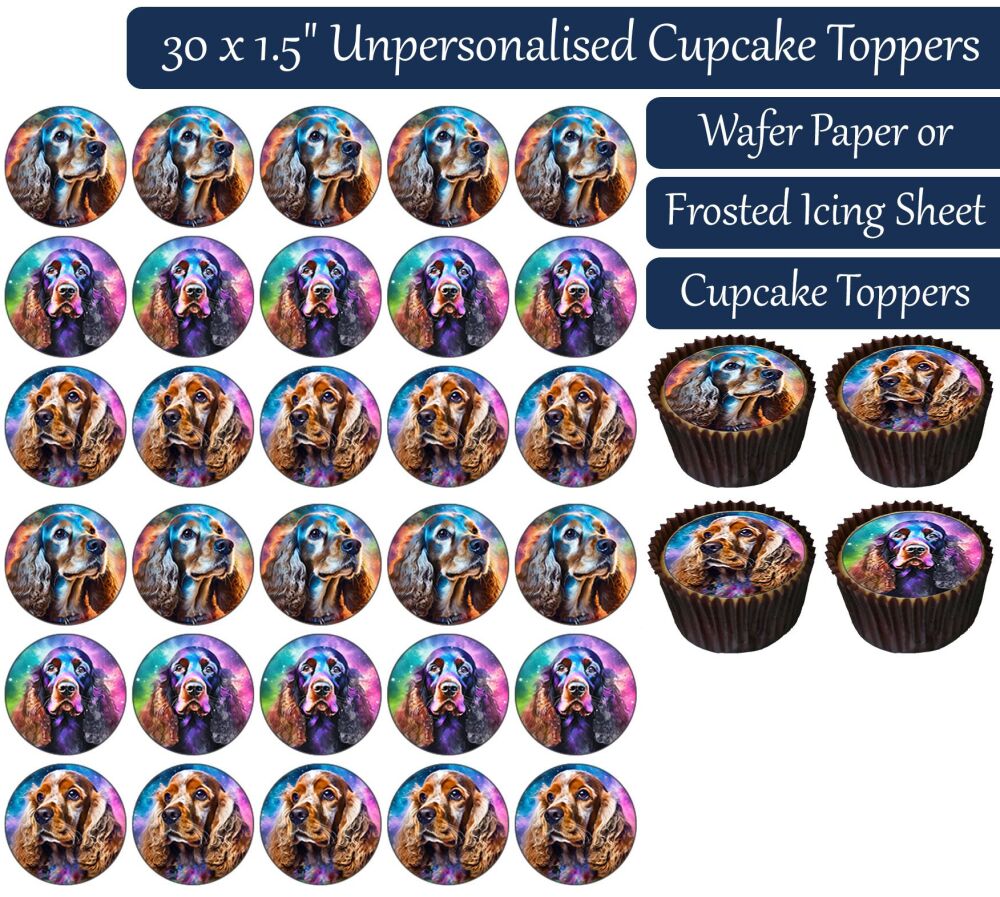 Dogs (Colourful Cocker Spaniel) - 30 Cupcake Toppers