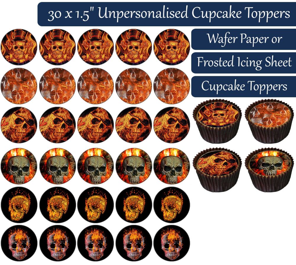 Flame Skull - 30 Cupcake Toppers
