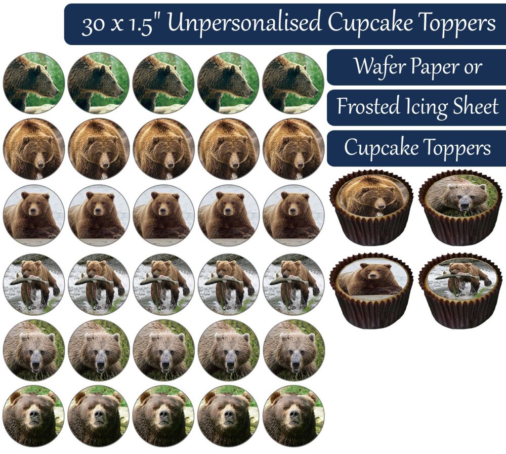 Grizzly Bear - 30 Cupcake Toppers