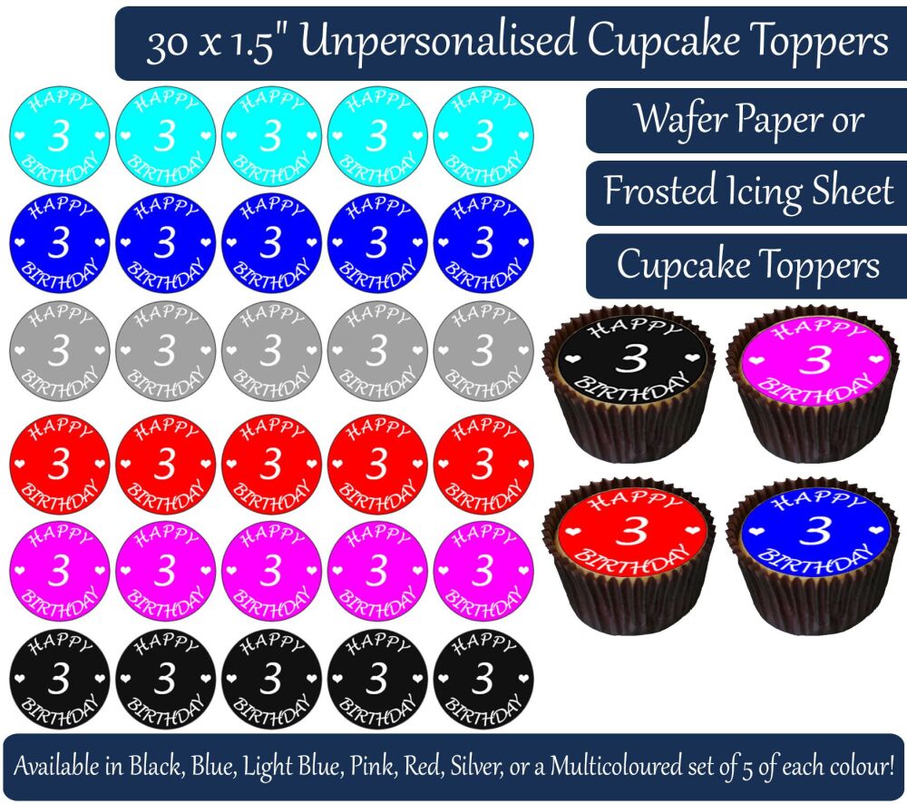 Happy 3rd Birthday - 30 Cupcake Toppers