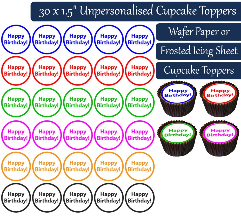 Happy Birthday Coloured Text - 30 Cupcake Toppers
