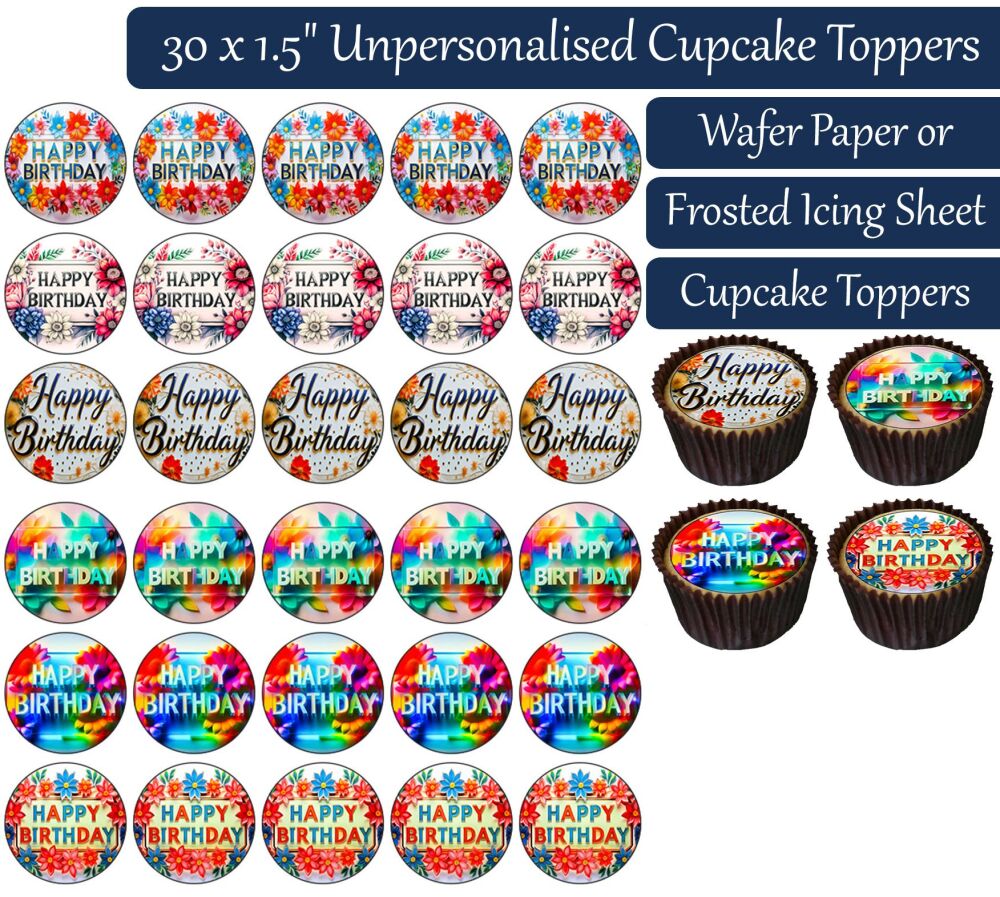 Happy Birthday Flowers - 30 Cupcake Toppers