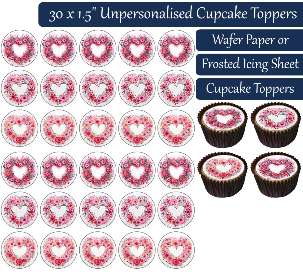 Heart Shaped Wreath - 30 Cupcake Toppers