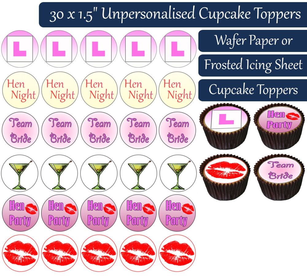 Hen Party Mixed Text - 30 Cupcake Toppers