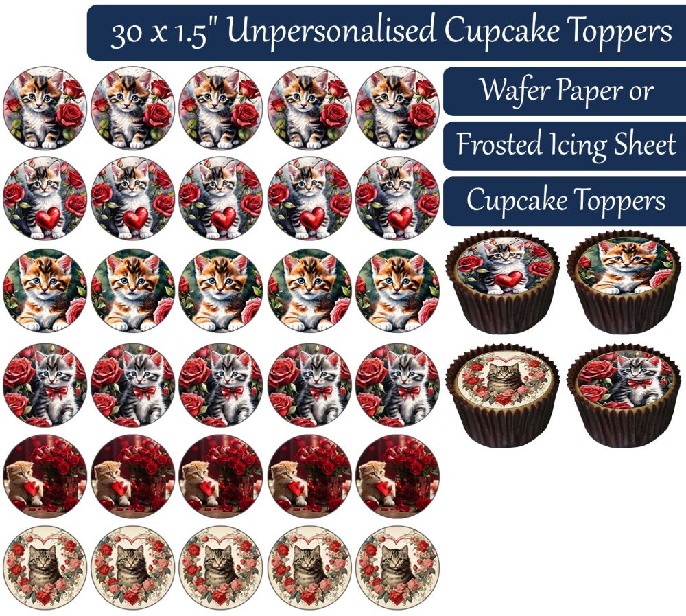 Kitten Roses - 30 Cupcake Toppers