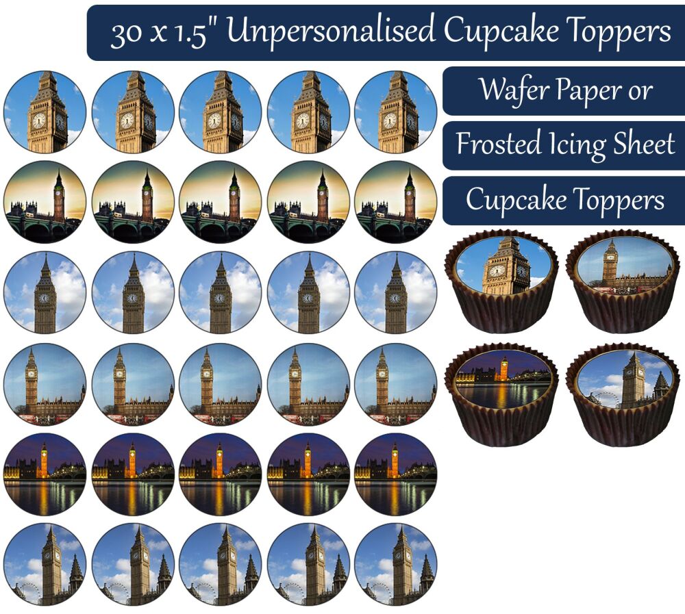 London Big Ben Clock - 30 Cupcake Toppers