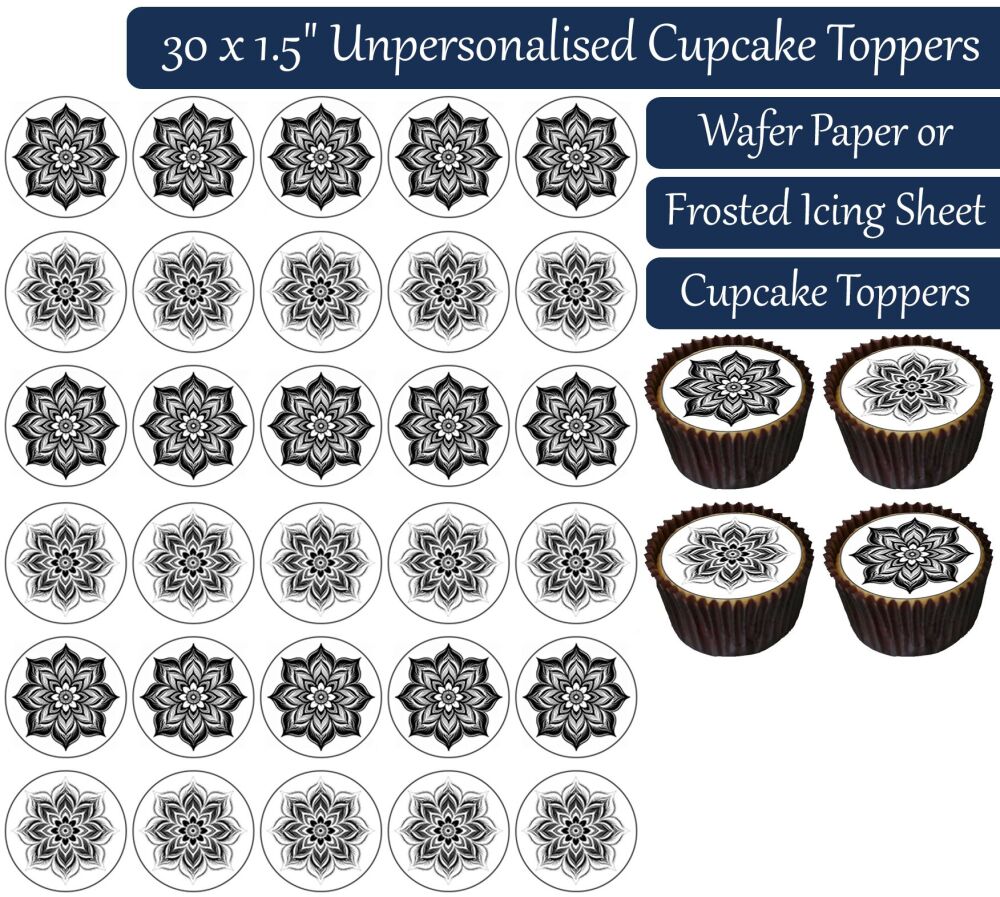 Mandala Black and White - 30 Cupcake Toppers