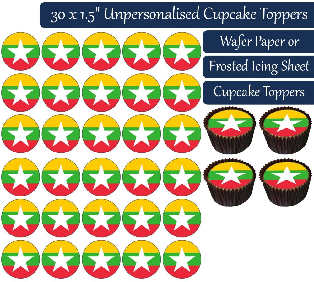 Myanmar Flag - 30 Cupcake Toppers