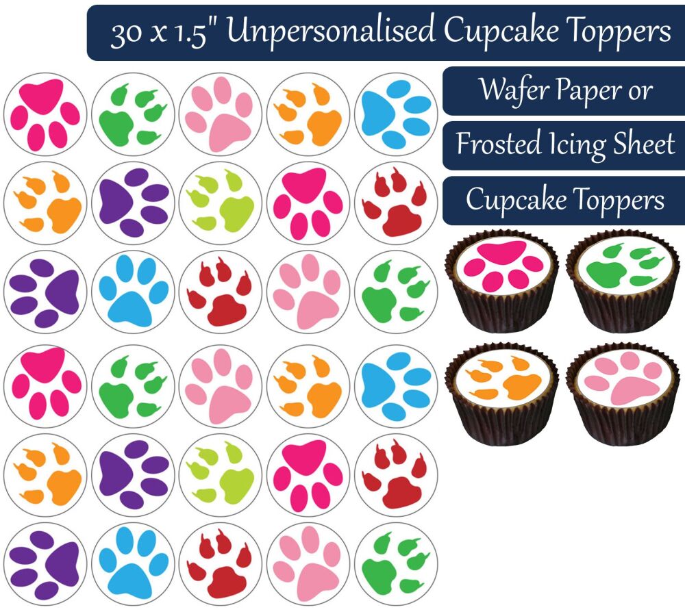 Paw Prints Coloured - 30 Cupcake Toppers