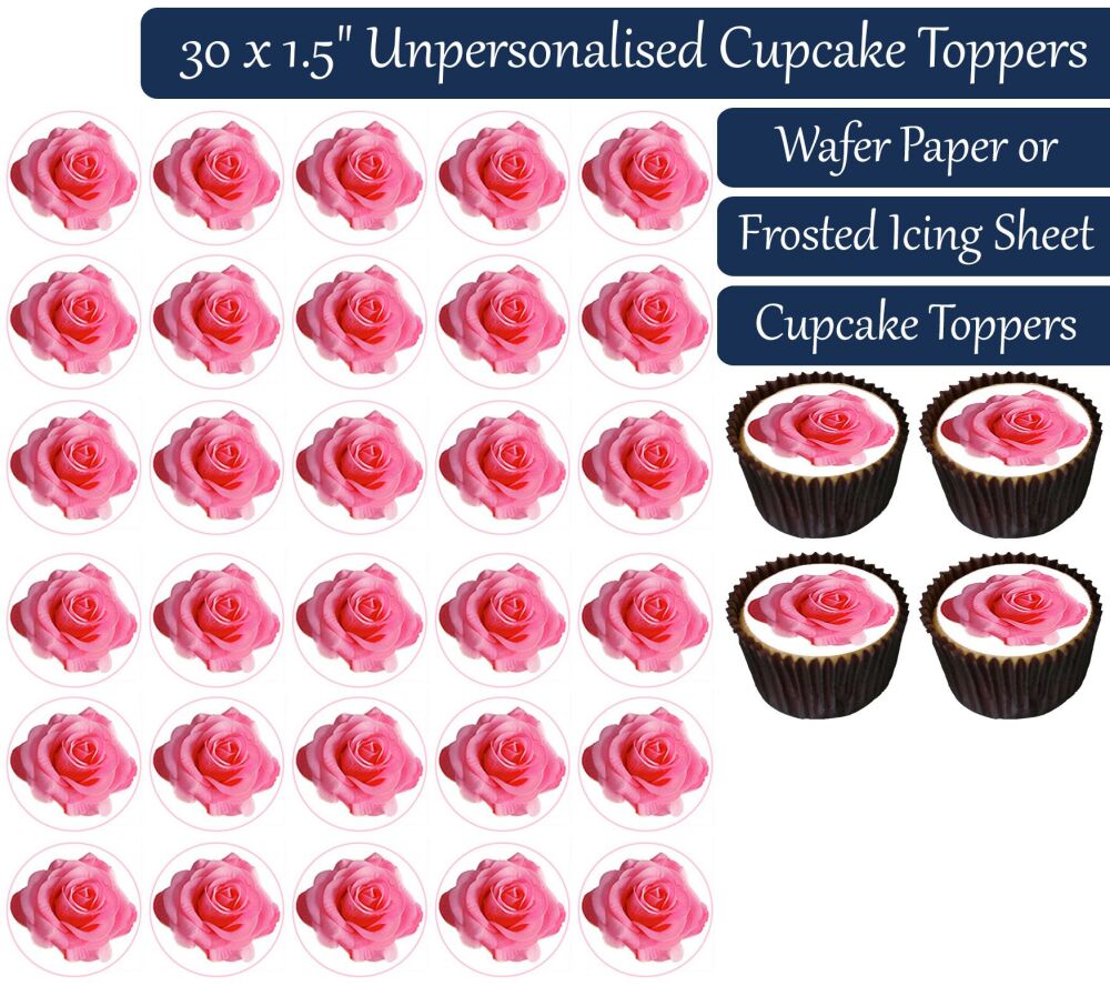 Pink Rose Plain - 30 Cupcake Toppers