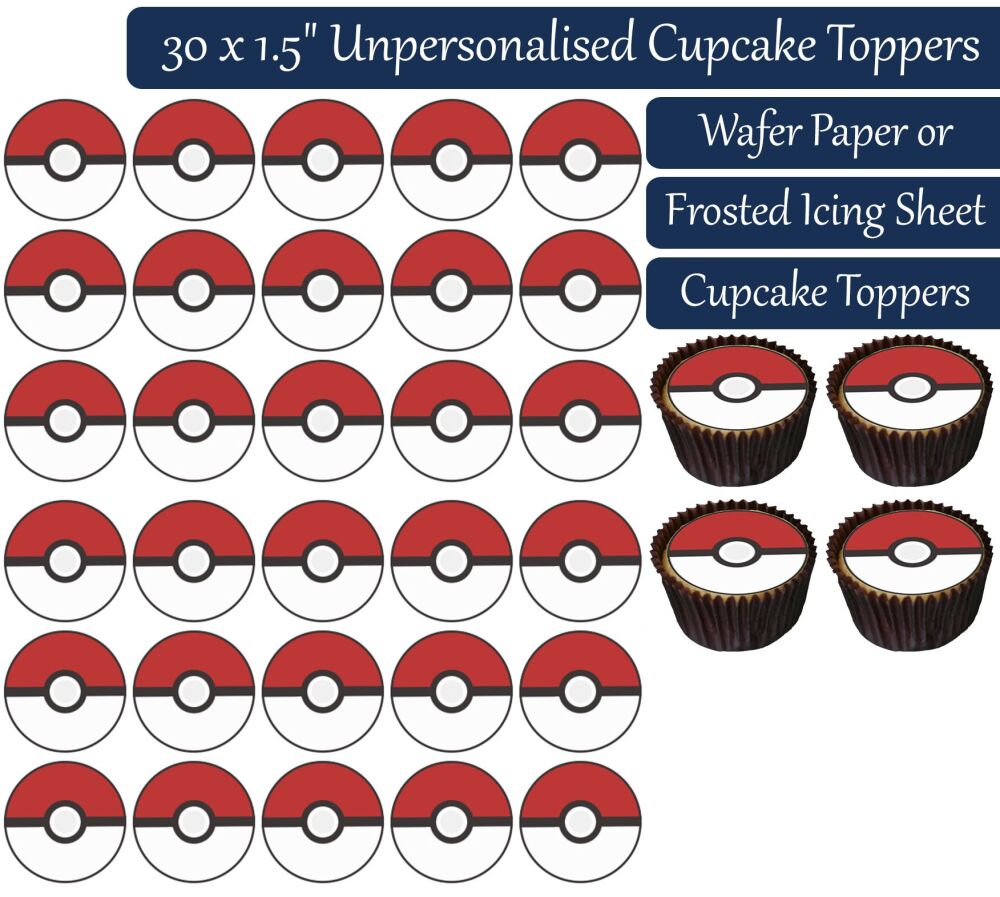 Pokemon Pokeballs - 30 Cupcake Toppers
