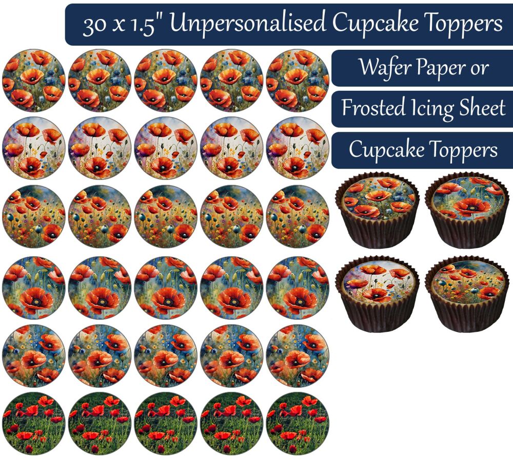Poppy Field - 30 Cupcake Toppers