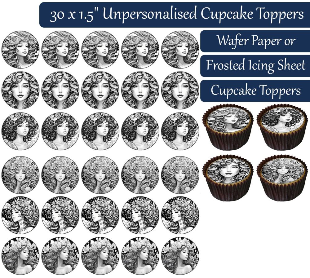 Princess Black and White - 30 Cupcake Toppers