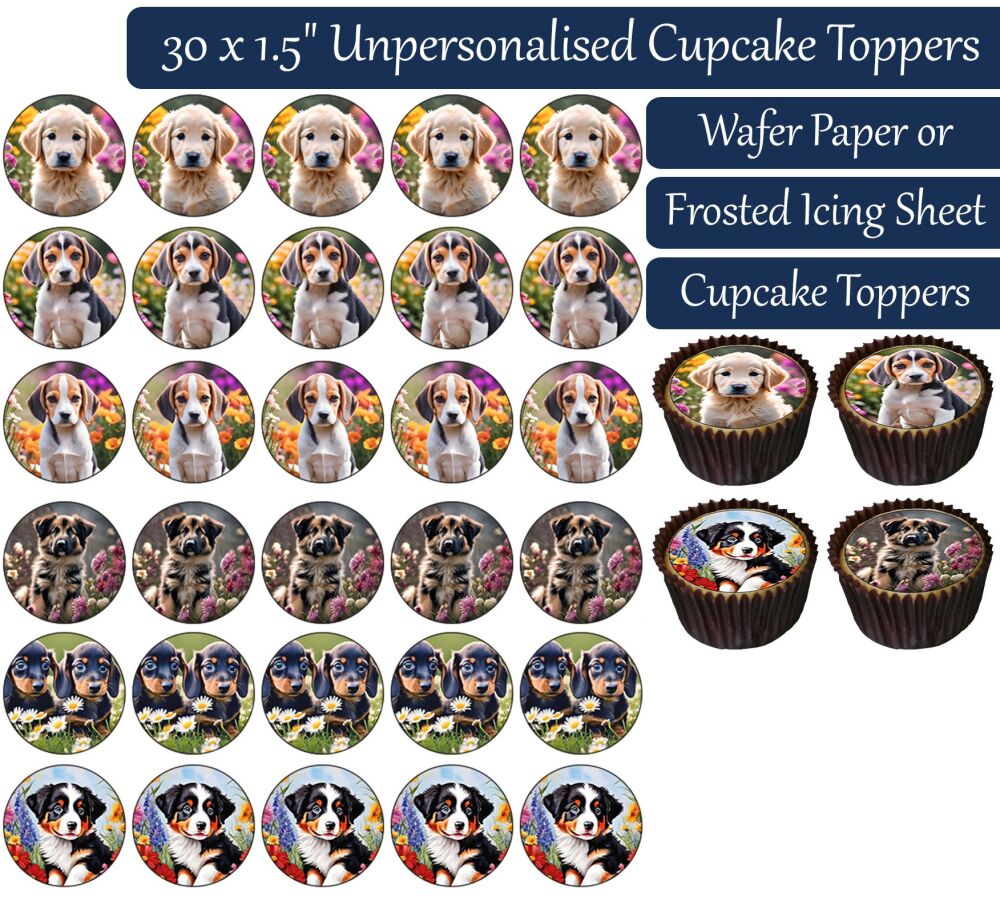 Puppies Flowers - 30 Cupcake Toppers