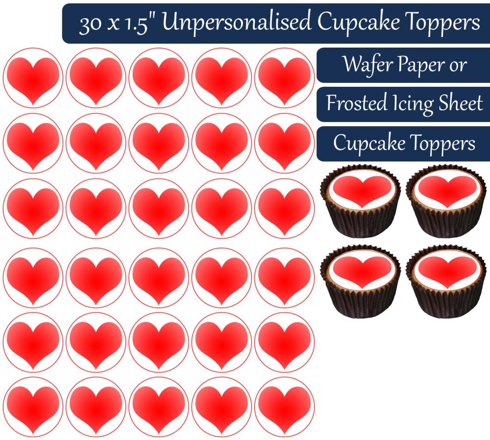 Red Love Hearts - 30 Cupcake Toppers