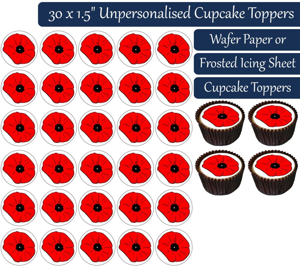 Red Poppy - 30 Cupcake Toppers
