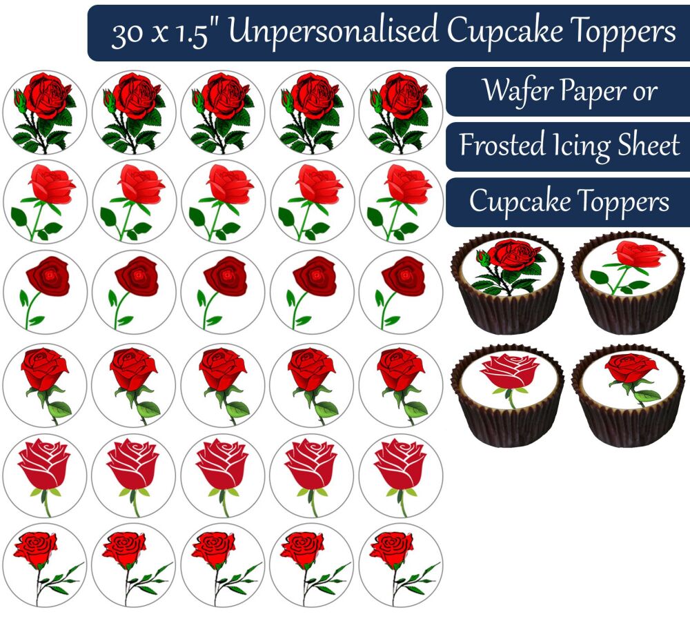 Red Roses - 30 Cupcake Toppers