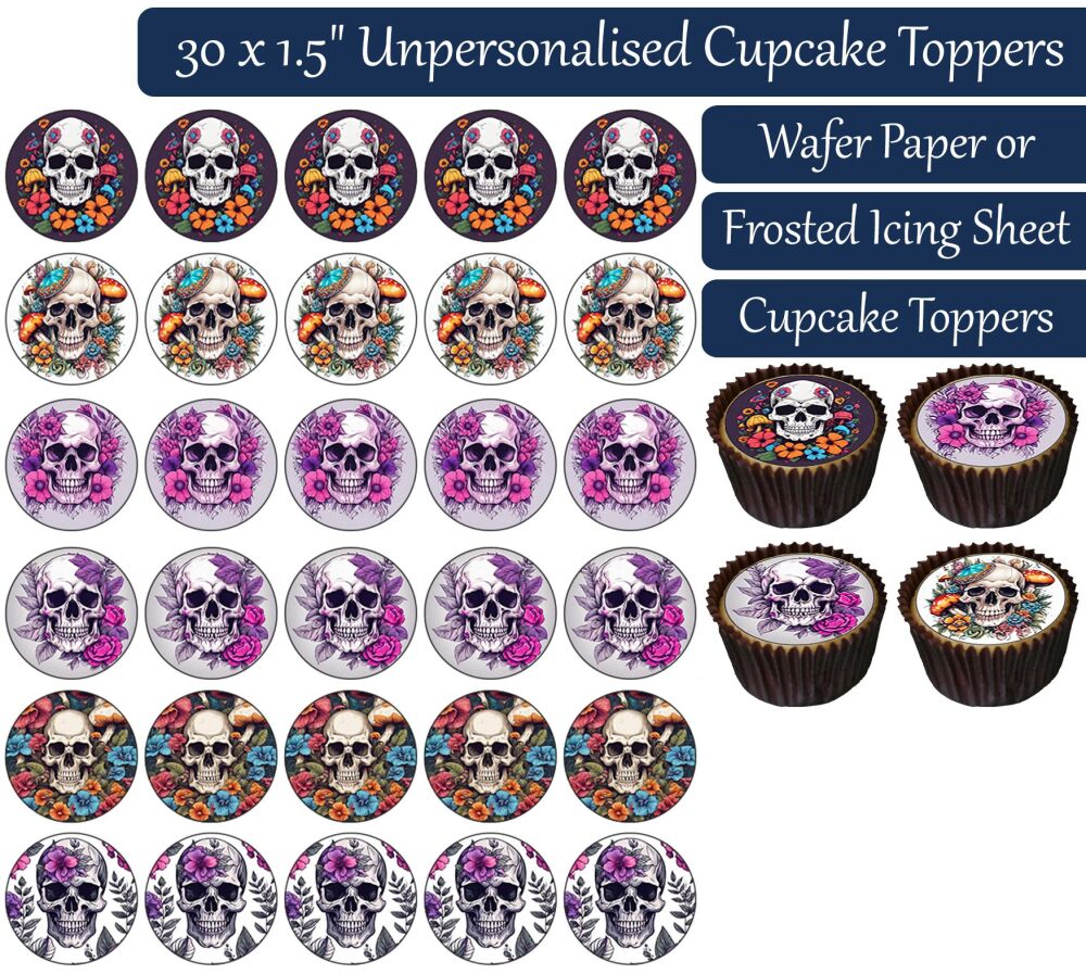 Skull Flowers - 30 Cupcake Toppers