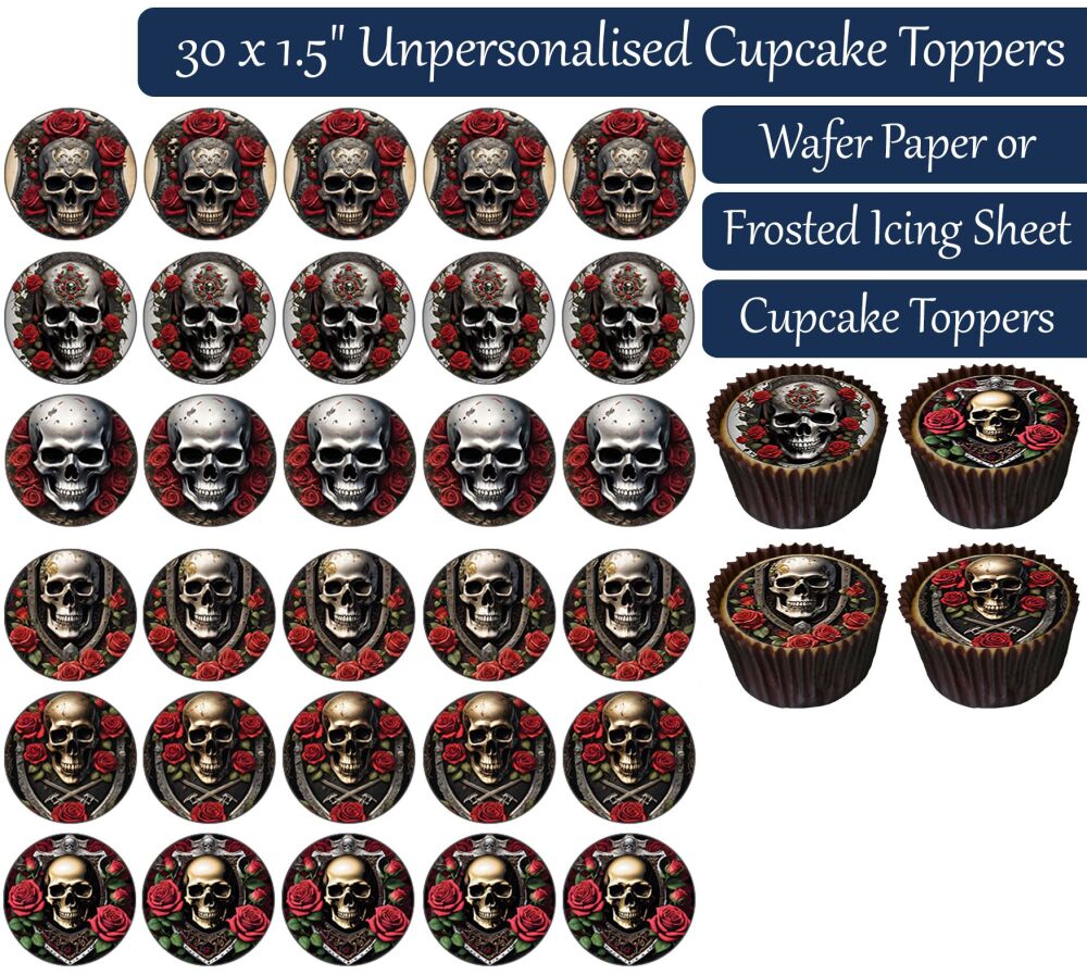 Skull Roses - 30 Cupcake Toppers