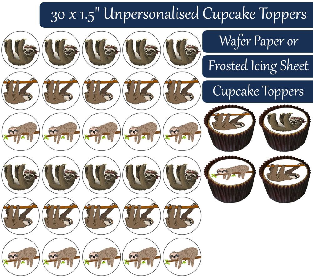 Sloth Cartoon - 30 Cupcake Toppers