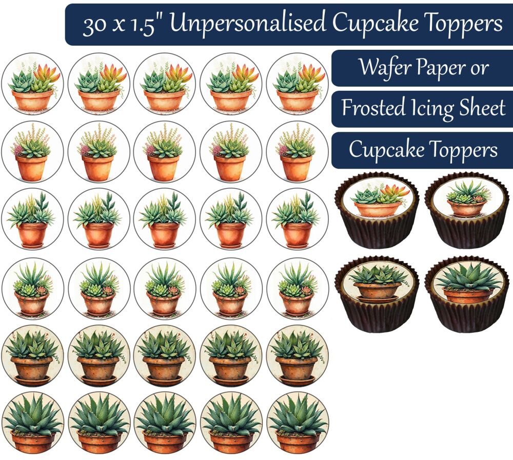 Succulent Plants Flowerpot - 30 Cupcake Toppers