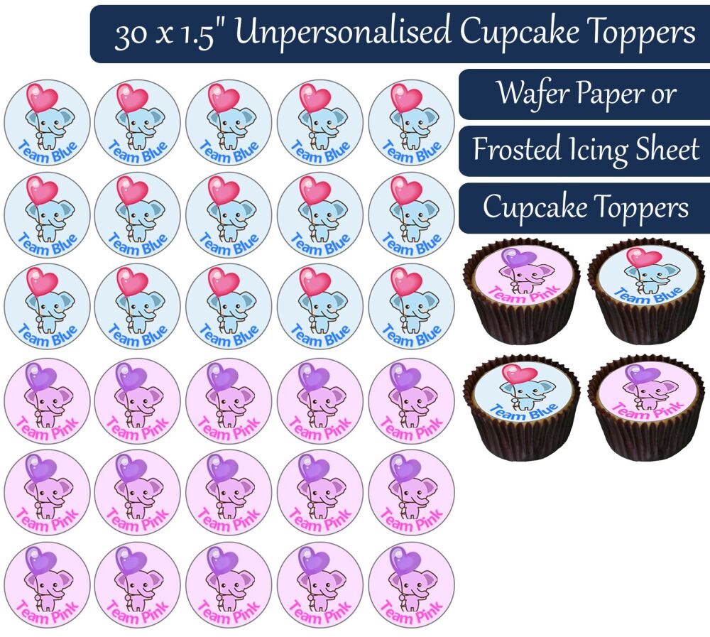 Team Blue/Pink Elephants - 30 Cupcake Toppers