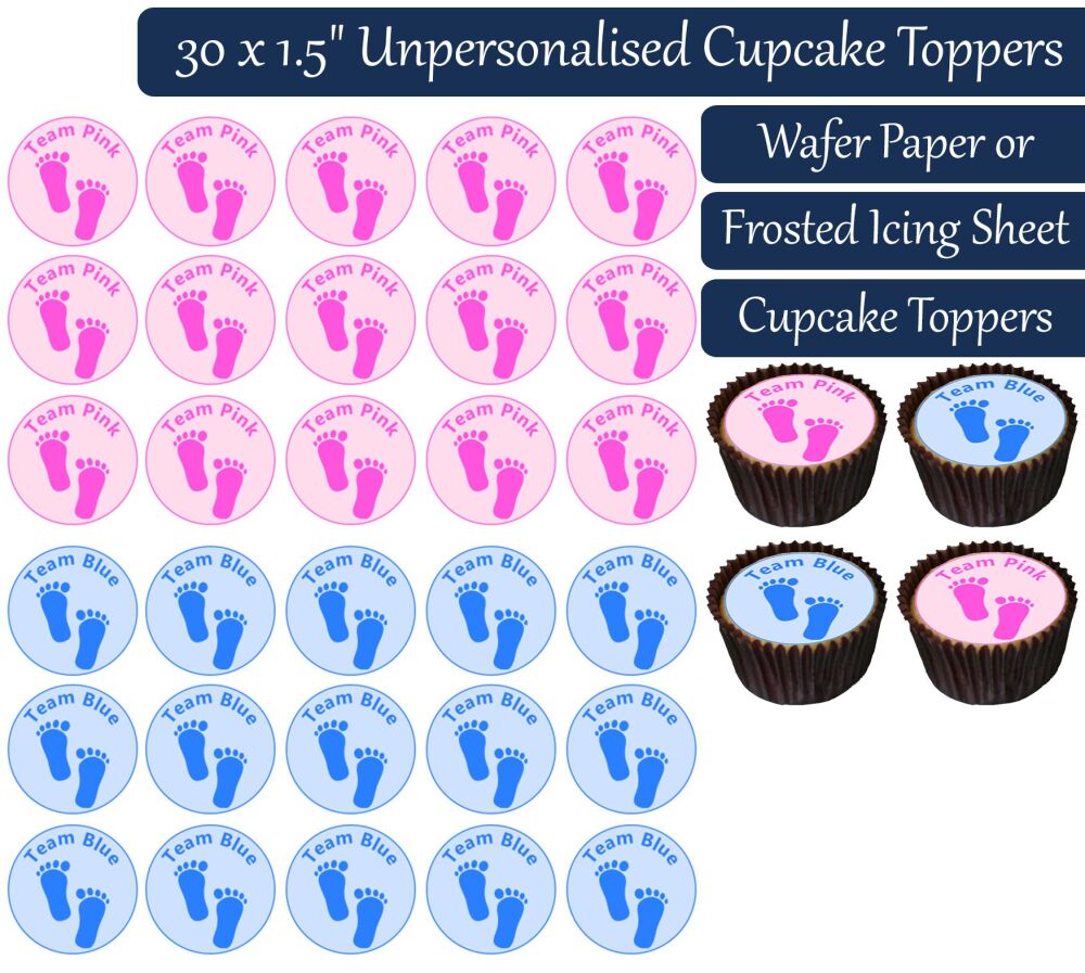 Team Blue/Pink Feet - 30 Cupcake Toppers