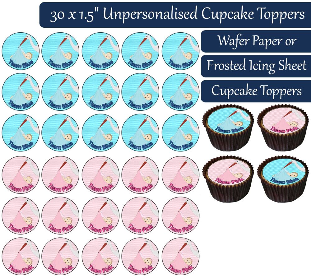Team Blue/Pink Stork - 30 Cupcake Toppers