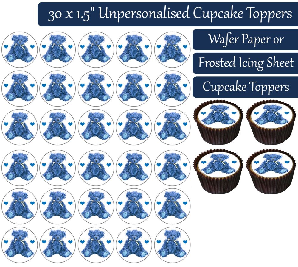 Teddy Bear Blue - 30 Cupcake Toppers