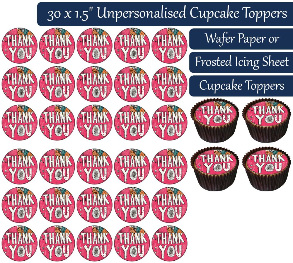 Thank You Pink Text - 30 Cupcake Toppers