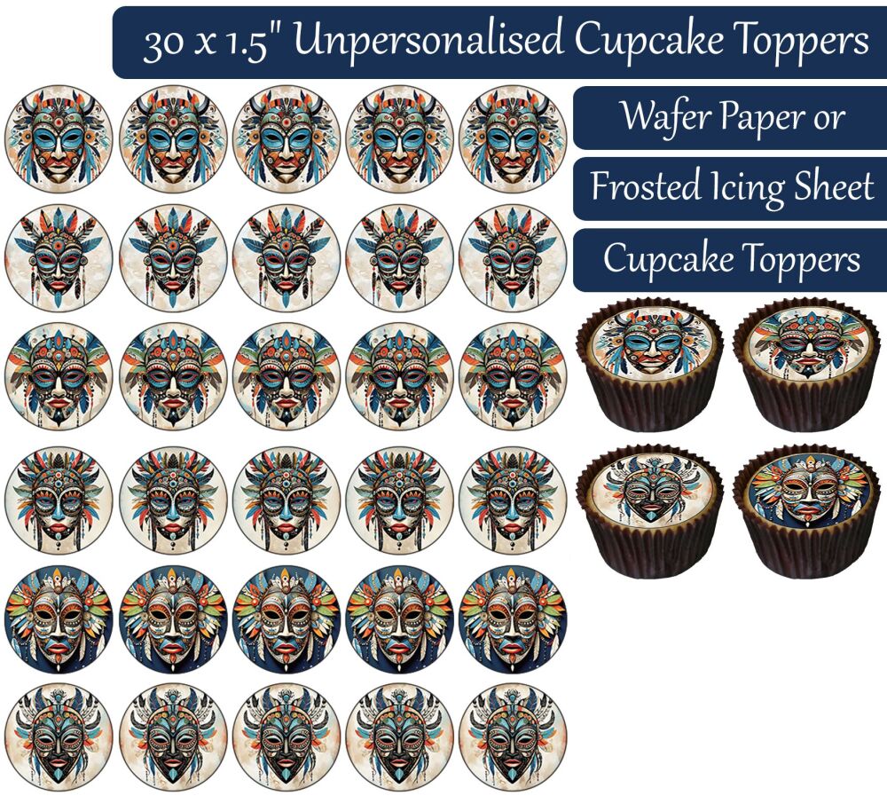 Tribal Masks - 30 Cupcake Toppers