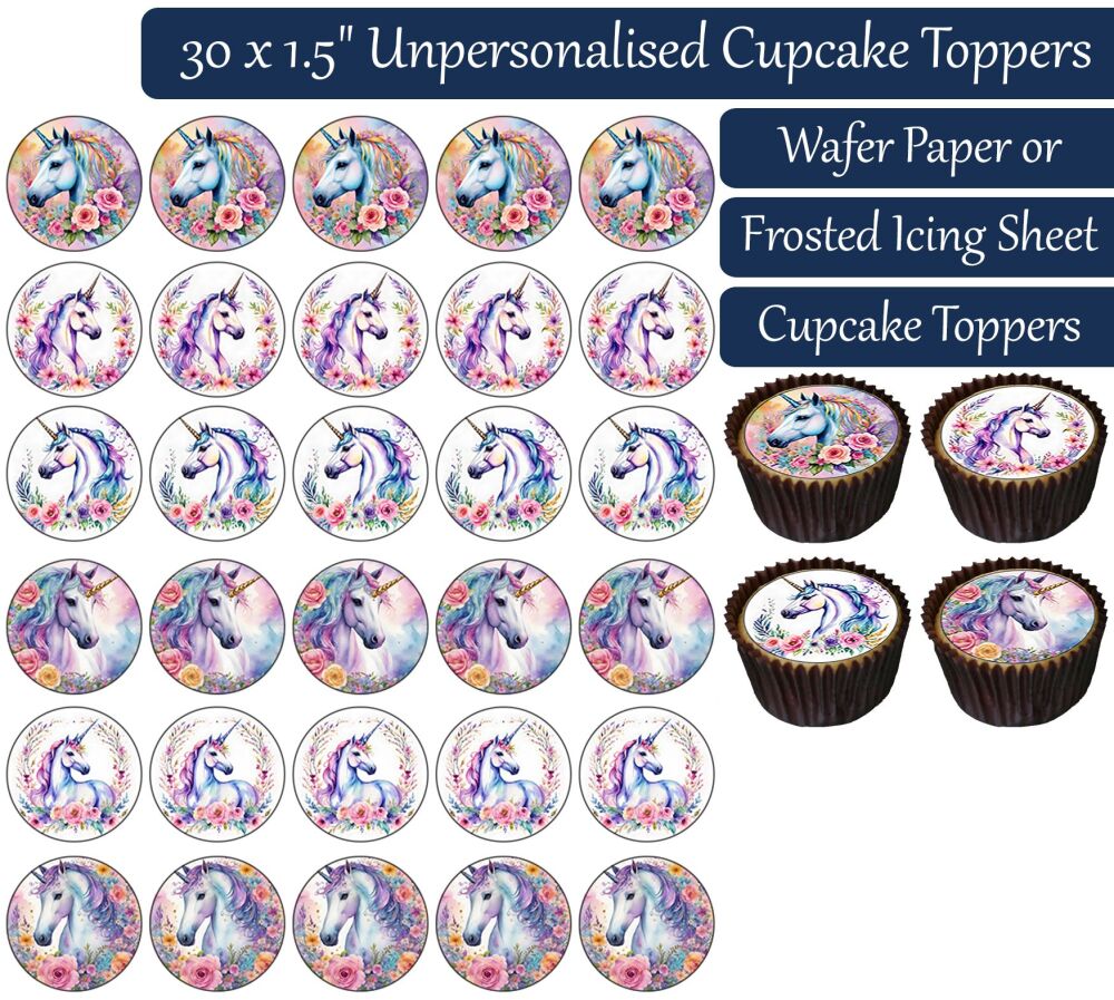 Unicorn Flowers - 30 Cupcake Toppers