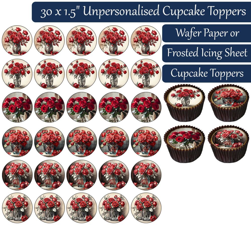 Vase Red Flowers - 30 Cupcake Toppers