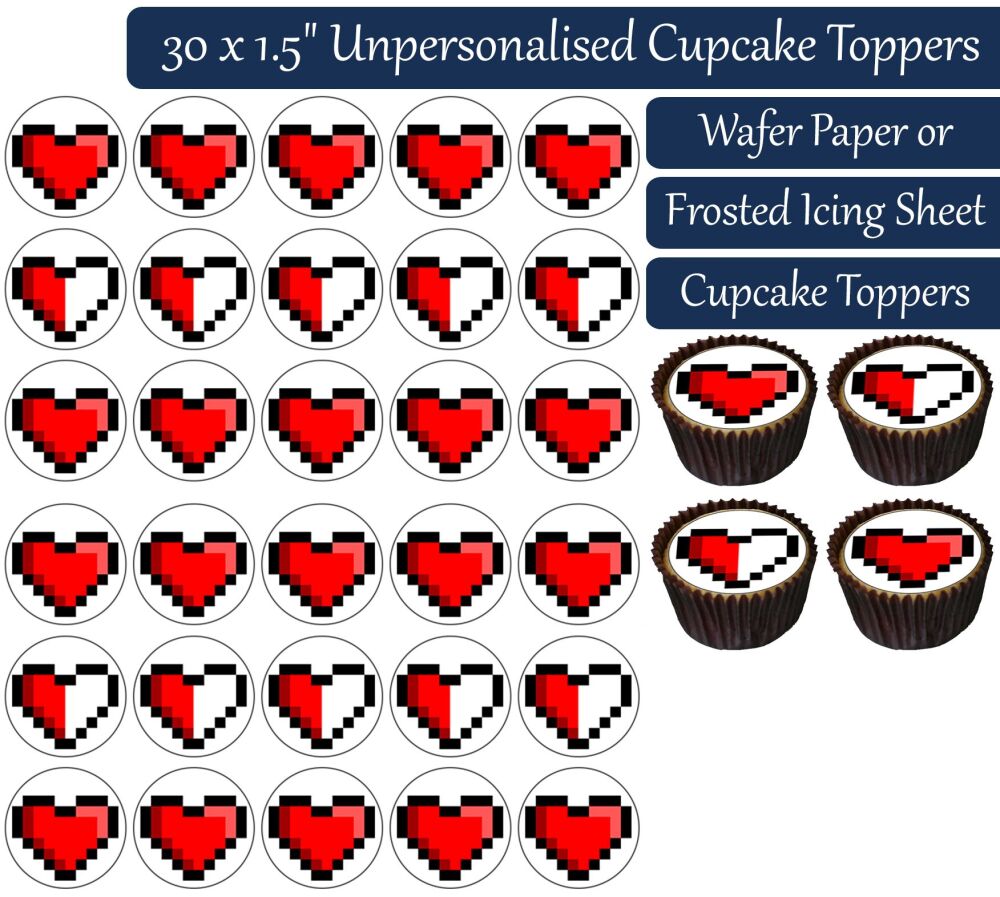 Video Game Pixel Heart - 30 Cupcake Toppers